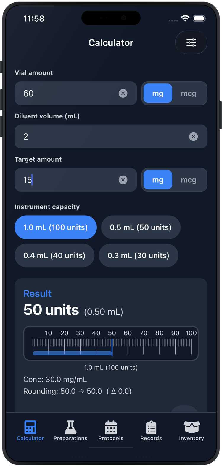 Calculator inputs for vial amount, diluent volume, and target amount