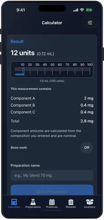 Blend result with the units to measure and the amount of each component