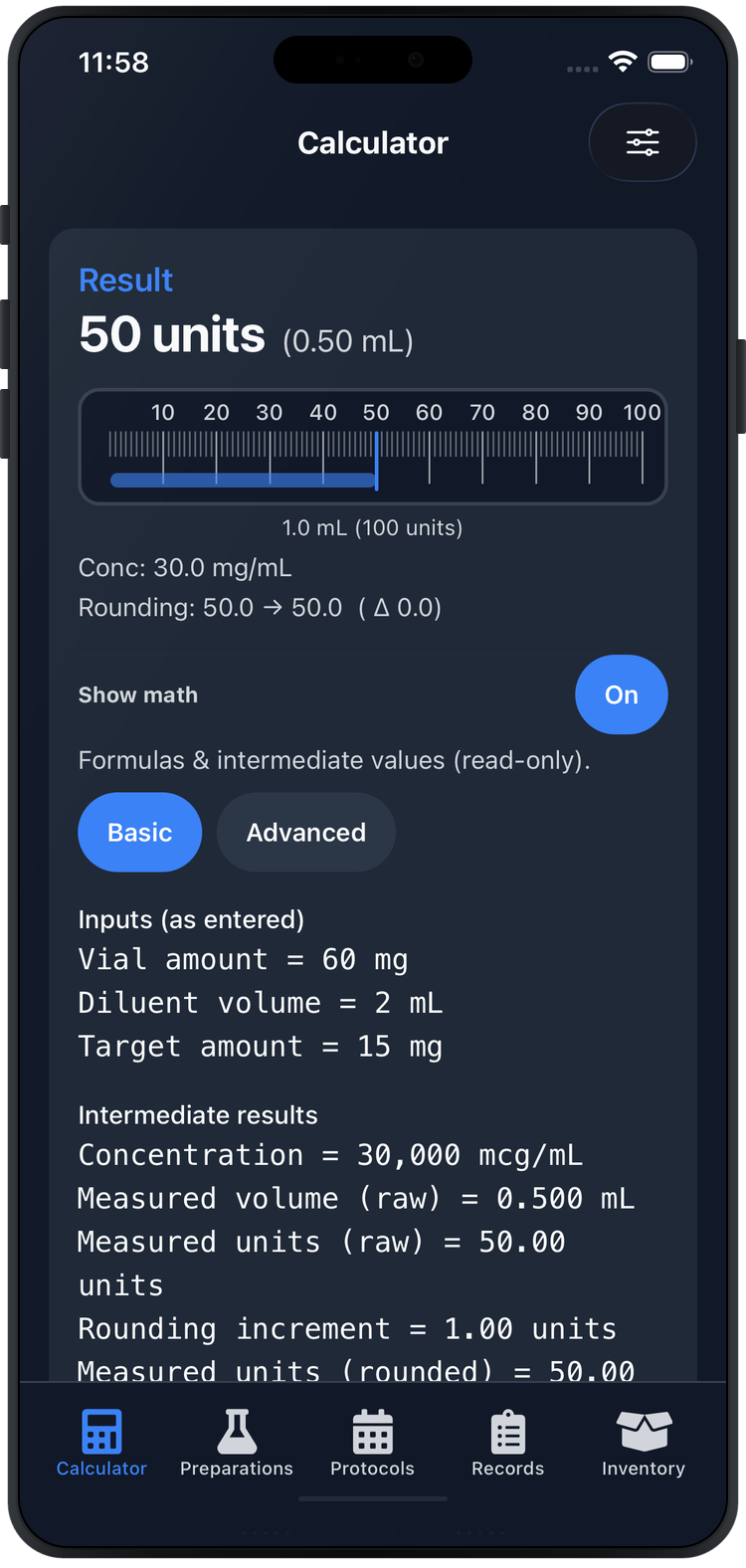 Calculator result with unit gauge and measured volume