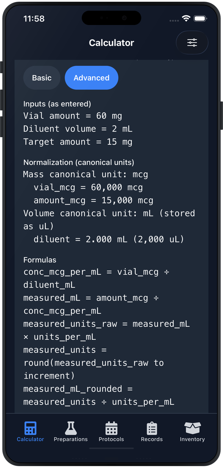 Show your work view with formulas and intermediate values