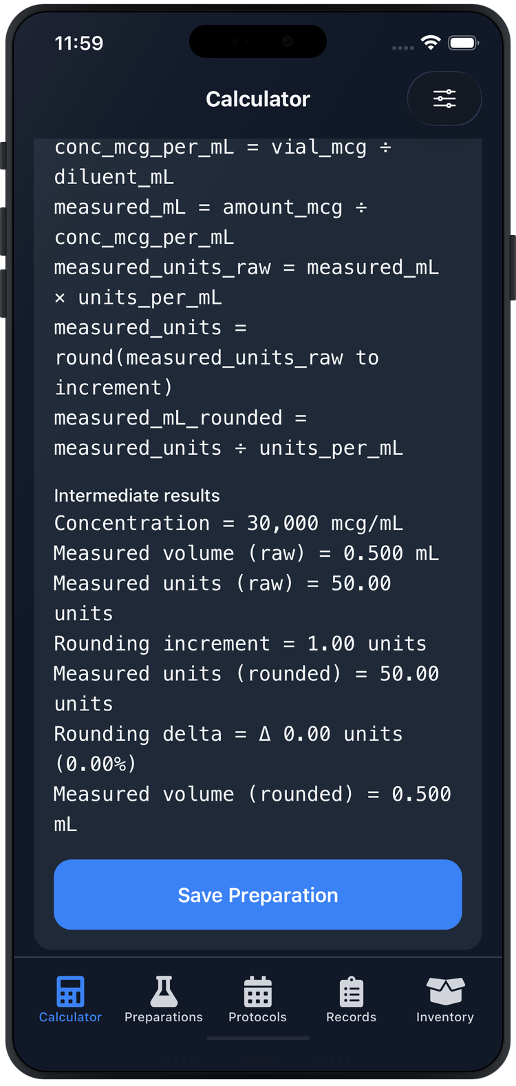Advanced math view with full formula breakdown