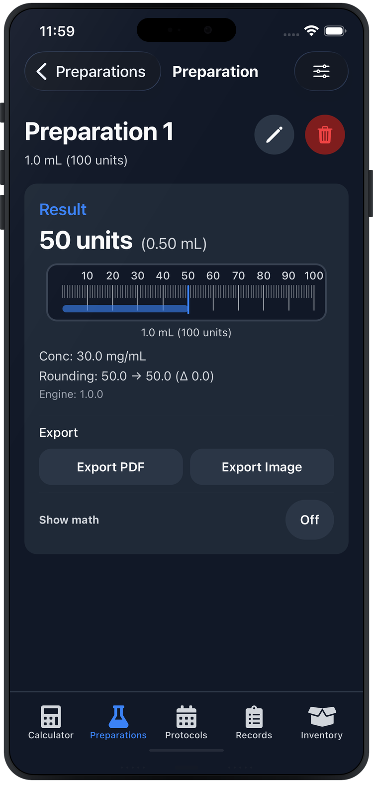 Preparation detail with export options