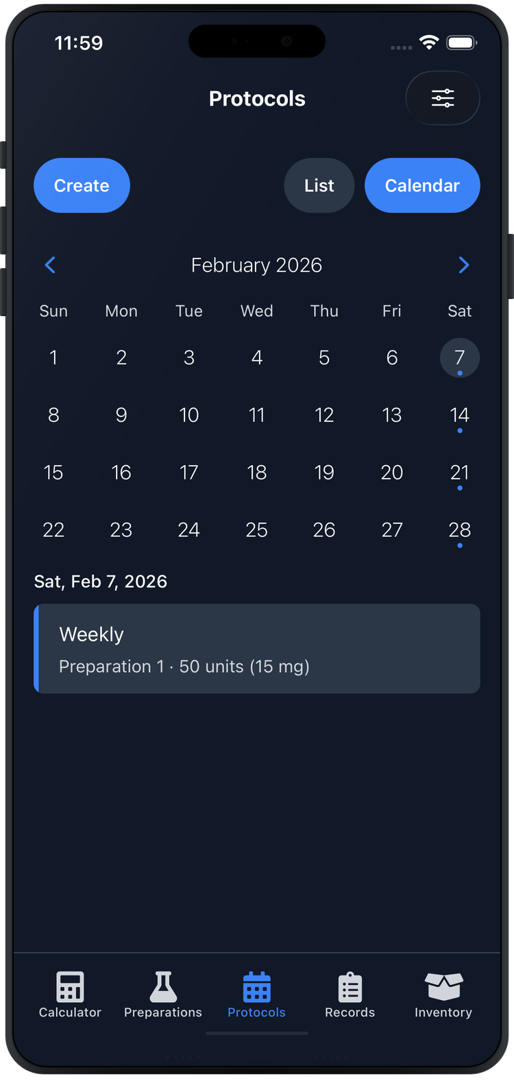 Protocols calendar view