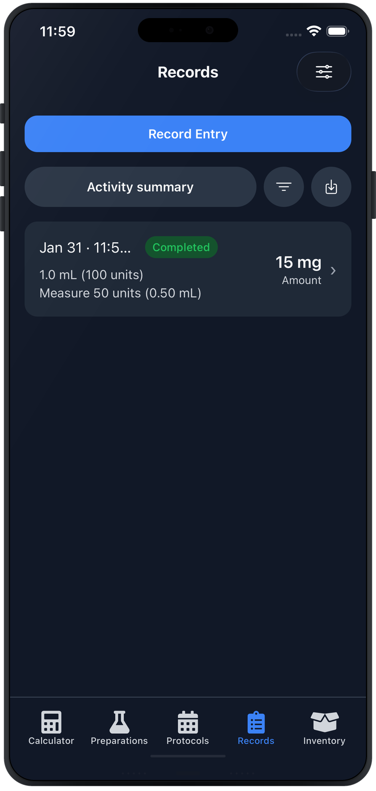 Dosing records with completed and skipped entries