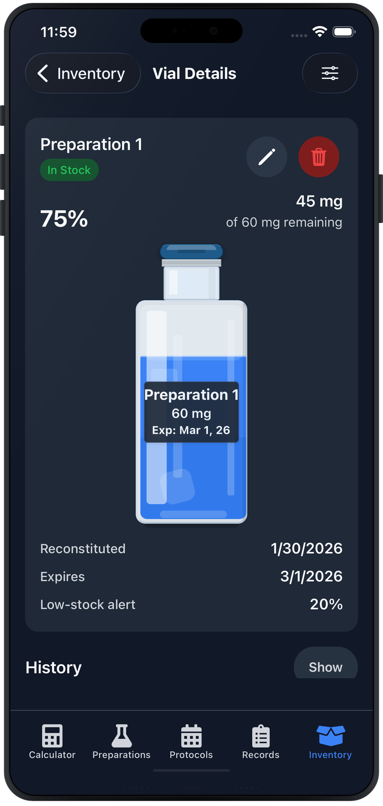 Inventory vial detail with remaining amount